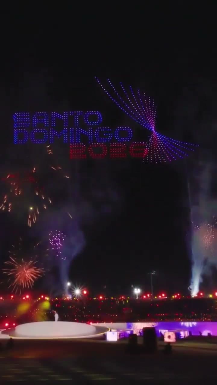 Drones form the Santo Domingo 2026 identity above the opening ceremony